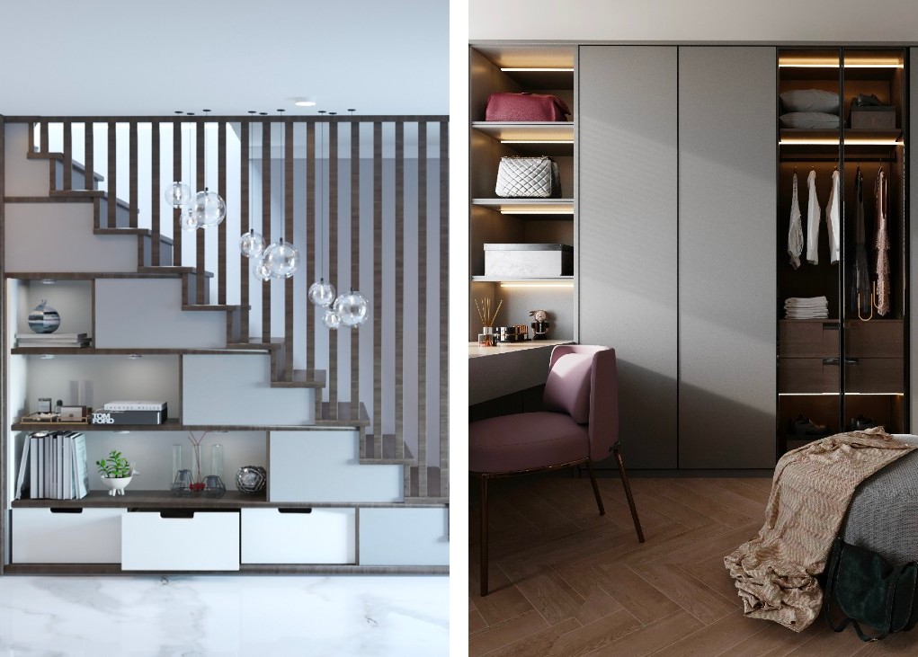 two images showing custom-designed understairs storage and bedroom wardrobe
