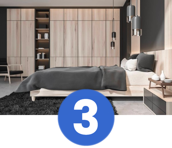 bedroom with fitted wardrobes and the number three at forefront